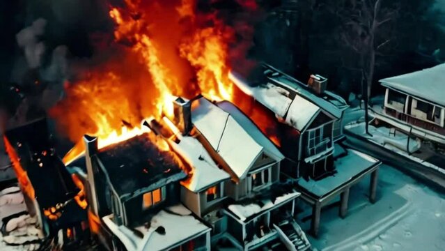 aerial view from a helicopter of burning house ,    fire,  winter, scary, blood, snow 