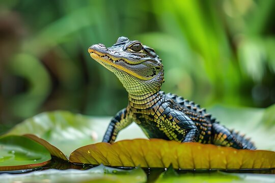 A baby alligator perched on a lily pad in a swampy environment