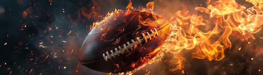 An American football ablaze, its flames illuminating the darkness as it hurtles through the air, capturing the intensity and passion of the game - obrazy, fototapety, plakaty