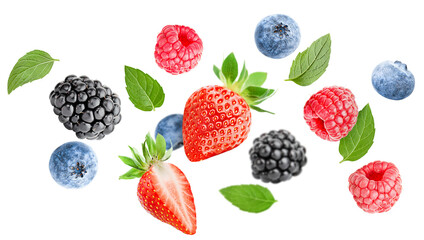 falling strawberries, blueberries, blackberries and raspberries with leaves on a white isolated background