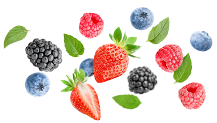falling strawberries, blueberries, blackberries and raspberries with leaves on a white isolated background