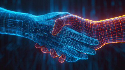 Digital handshake. Concept of mutual assistance and respect within networks. - obrazy, fototapety, plakaty