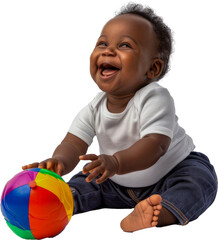 A Black baby giggling joyously while playing with a soft, colorful ball cut out png on transparent background