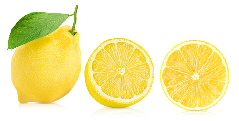 whole lemon, half and round slice on white isolated background