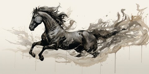 A majestic horse depicted through an ink-dripping drawing, where the flowing ink forms the intricate details of the horse's mane and musculature - obrazy, fototapety, plakaty