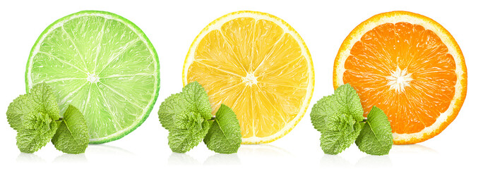 slices of lime, lemon and orange with a twig of mint on a white isolated background - obrazy, fototapety, plakaty