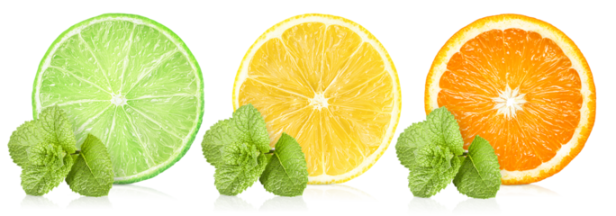 slices of lime, lemon and orange with a twig of mint on a white isolated background