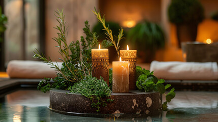 Cozy home interior decoration with lit candles surrounded by plants on a table