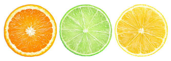 round slice of orange, lime and lemon on white isolated background - obrazy, fototapety, plakaty