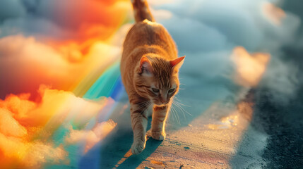 Cat walking on clouds and a rainbow