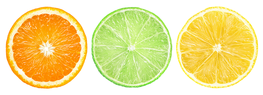 round slice of orange, lime and lemon on white isolated background