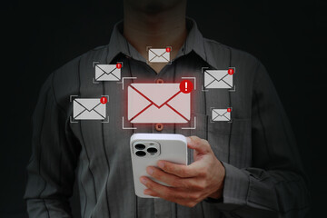 Email inbox alerts and spam viruses. Warning to be careful of data hacking via junk email viruses
