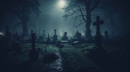Fototapeta premium Cemetery with a darksynth vibe, the scene capturing the eerie and atmospheric nature of the graveyard under lights