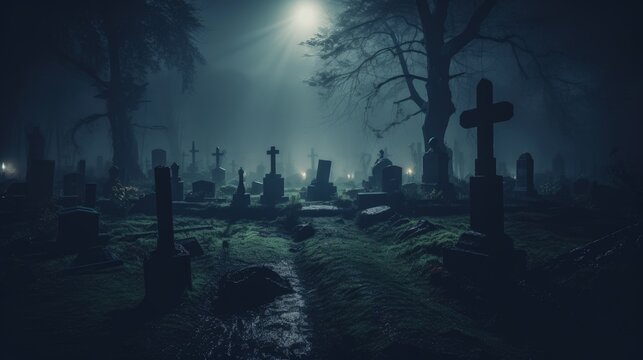 Cemetery with a darksynth vibe, the scene capturing the eerie and atmospheric nature of the graveyard under lights