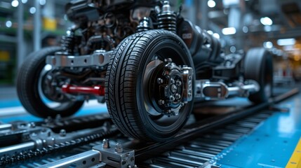 Precision automotive chassis with suspension and wheel assemblies in industrial production - obrazy, fototapety, plakaty