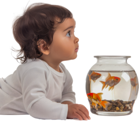Hispanic baby watching fish in an aquarium calmly cut out png on transparent background