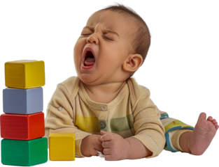 Middle Eastern baby yawning beside block stack cut out png on transparent background