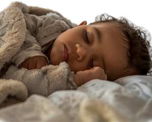 Middle Eastern baby peacefully asleep on blanket cut out png on transparent background