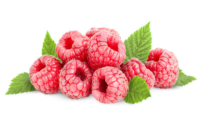 raspberry heap with leaves on white isolated background