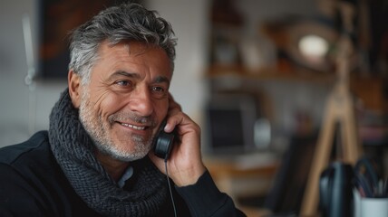 Smiling mature male professional enjoying pleasant call using headset indoors - obrazy, fototapety, plakaty
