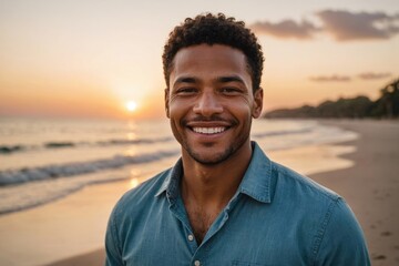 Happy biracial male smiling on beach at sundown