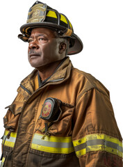 Fototapeta premium Middle-aged Black man proud in firefighter uniform cut out png on transparent background