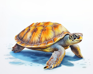 Watercolor painting of a sea turtle. It can live in the sea at any time. They will never come on land.
 In addition to laying eggs by females only.