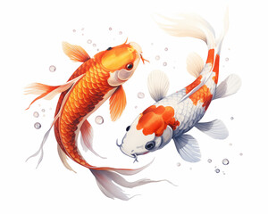 Watercolor painting of two koi fish on white background. Two koi fish mean love and honesty. Use for wallpaper, posters, postcards, brochures.
