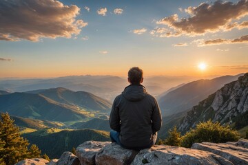 Contemplative Adult man looks at the sunset over the panorama of the mountains