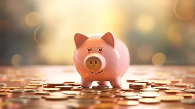 Piggy bank overseeing coins, soft morning light, frontal shot