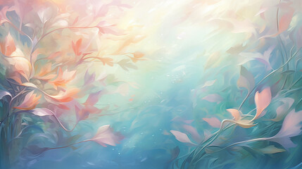 Fototapeta na wymiar A serene composition of abstract leaves gently swaying underwater, rendered in soft pastel tones for a tranquil, dreamlike effect background Ai Generative