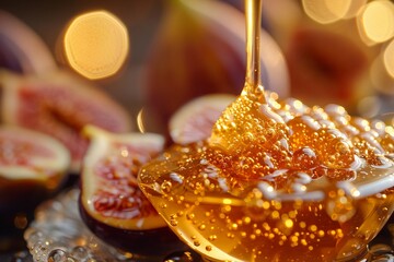 Suspended golden honey drizzle over figs side lighting highlighting contrasts cinematic matte...