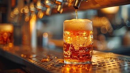 A frosty glass of beer on a bar table awaits its drinker from counter bar