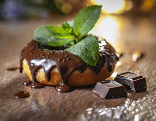 chocolate donut and mint leaves