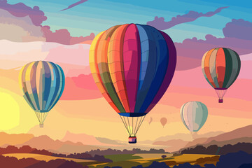 Colorful hot air balloons floating over scenic countryside at sunrise, freedom concept