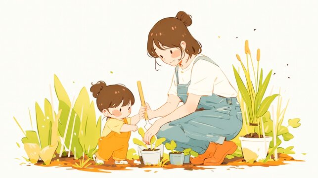 In a garden, a mom showing her child how to plant a seed, nurturing growth in nature and in life.