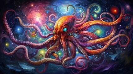 A mesmerizing cosmic dance of a octopus, its tentacles painted in vivid colors