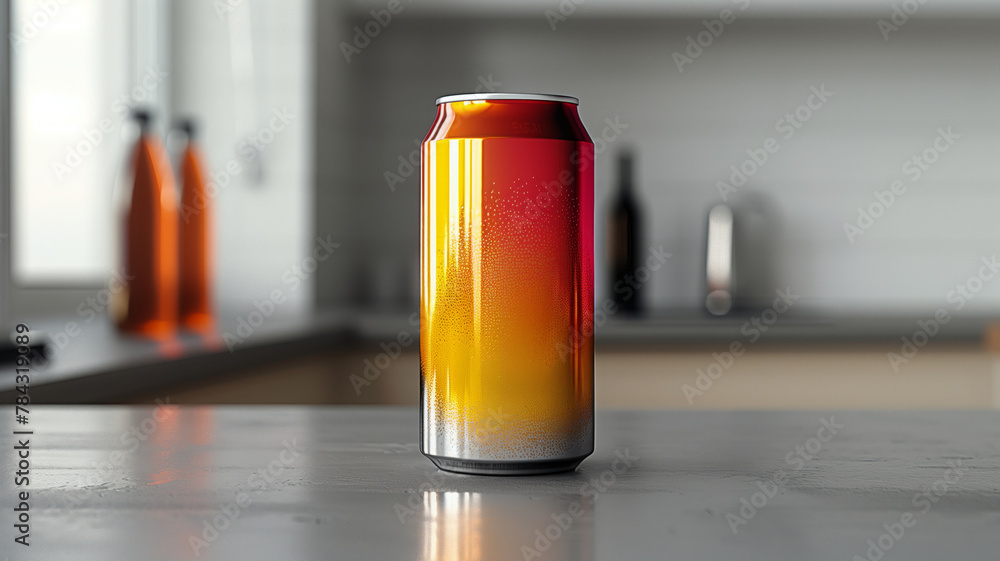 Poster a can of beer with a red and yellow stripe on it. the can is sitting on a counter in a kitchen. desi
