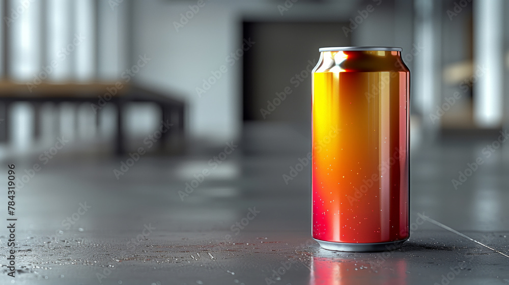 Poster a can of beer with a red and yellow stripe on it. the can is sitting on a counter in a kitchen. desi