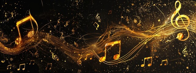 Abstract gold musical notes on the dark black background