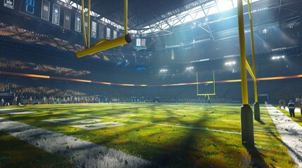 Capture the essence of American football in an arena where the yellow goal post marks the...