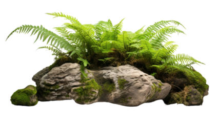 Tropical plant fern moss bush tree jungle stone rock isolated on transparent and white background.PNG image.