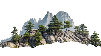 The trees. Mountain on the island and rocks isolated on transparent and white background.PNG image.
