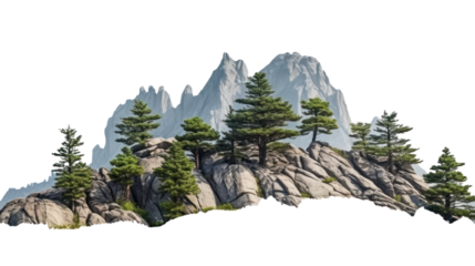 The trees. Mountain on the island and rocks isolated on transparent and white background.PNG image.