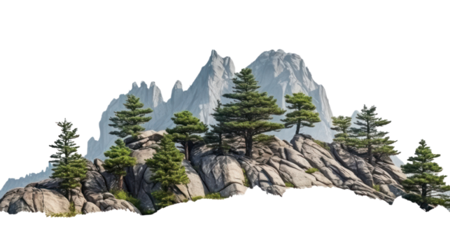 The trees. Mountain on the island and rocks isolated on transparent and white background.PNG image.