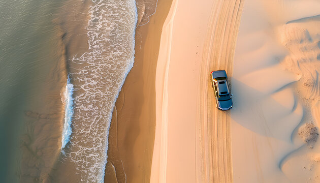 car drives along road through a white sandy beach near ocean, top view
