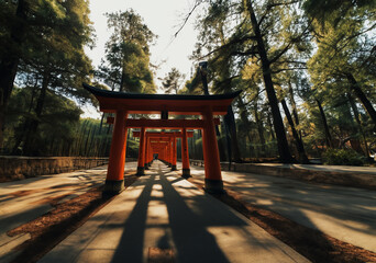 Torii gates often signify the entrance to Shinto shrines. - obrazy, fototapety, plakaty