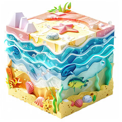 A cube with a blue ocean on the bottom and a yellow fish on the top