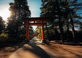 The silhouette of a torii gate against the sky is a striking sight.
