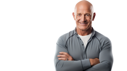 mature bald man smiling at camera isolated on transparent and white background.PNG image.